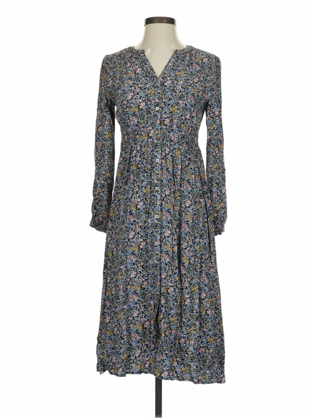 Navy Floral Button-Front Long Sleeve Midi Dress
